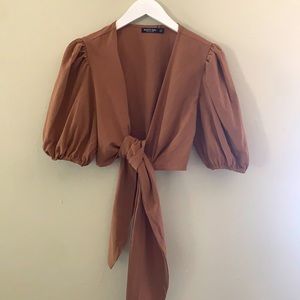 Brown tie front crop top